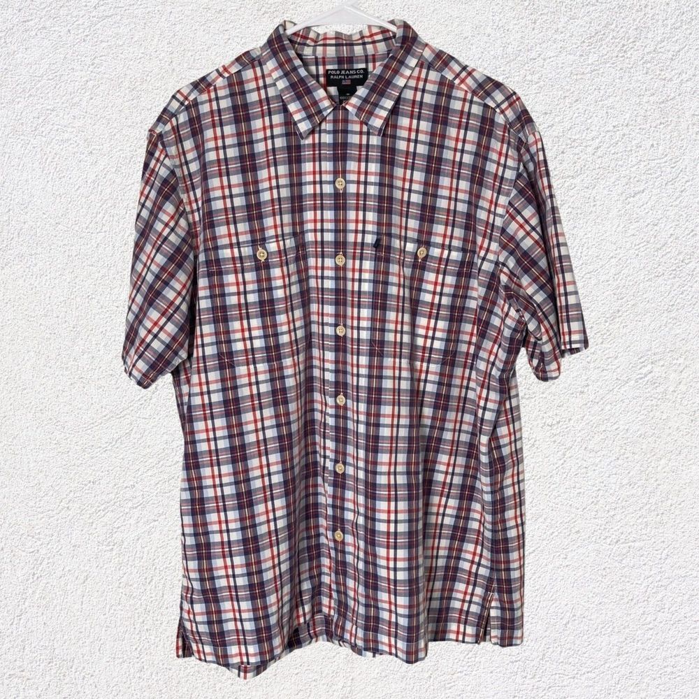 Ralph Lauren Polo Jeans Co Men M Button Short Sleeve Shirt Americana‎ Plaid Flag